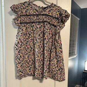Floral Ruffle Short Sleeve Blouse - Navy Base with Pink & Yellow Flowers